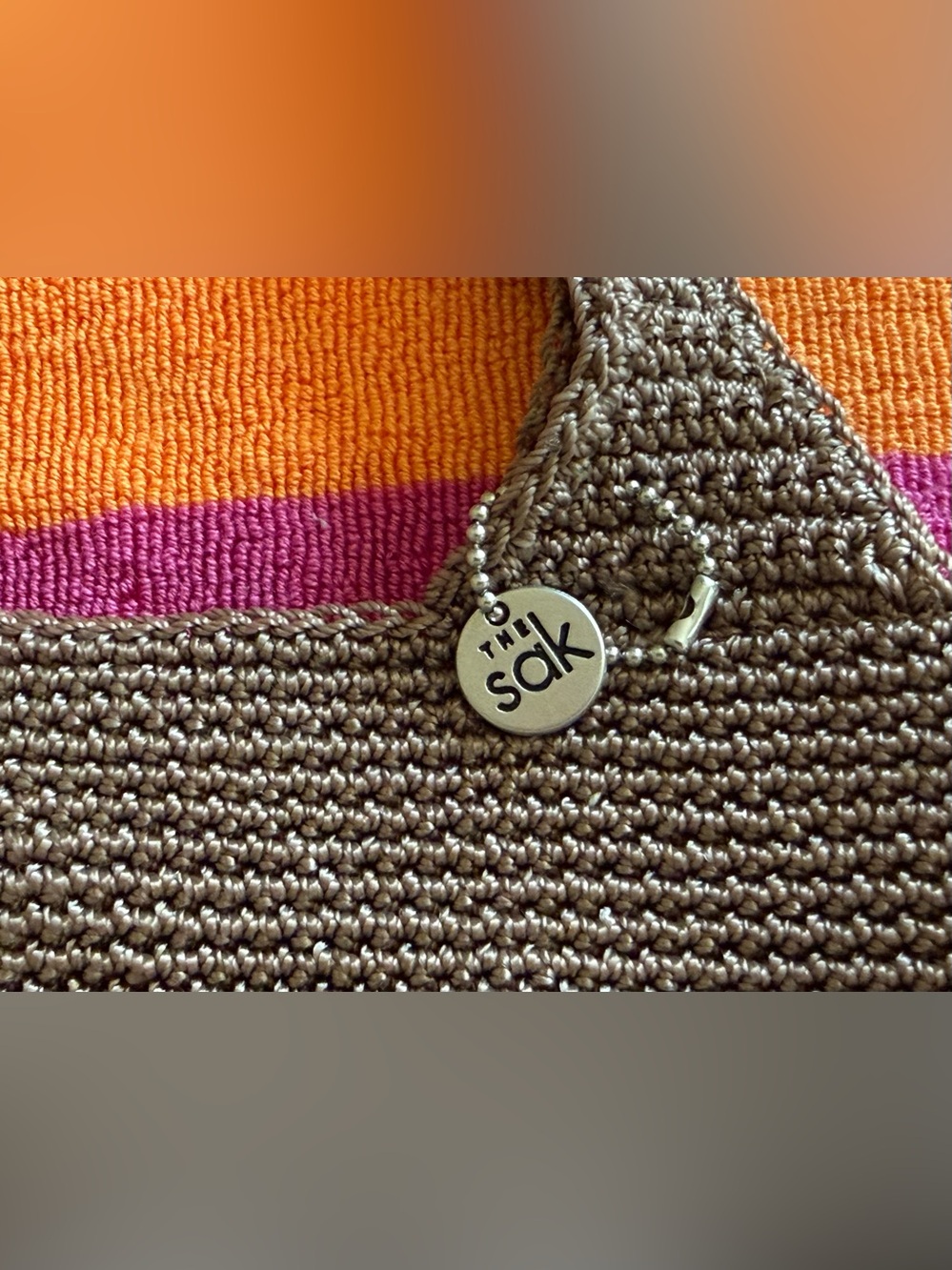 The Sak taupe Crochet Top Handle little bag Charm Magnetic Closure Lined Pocket